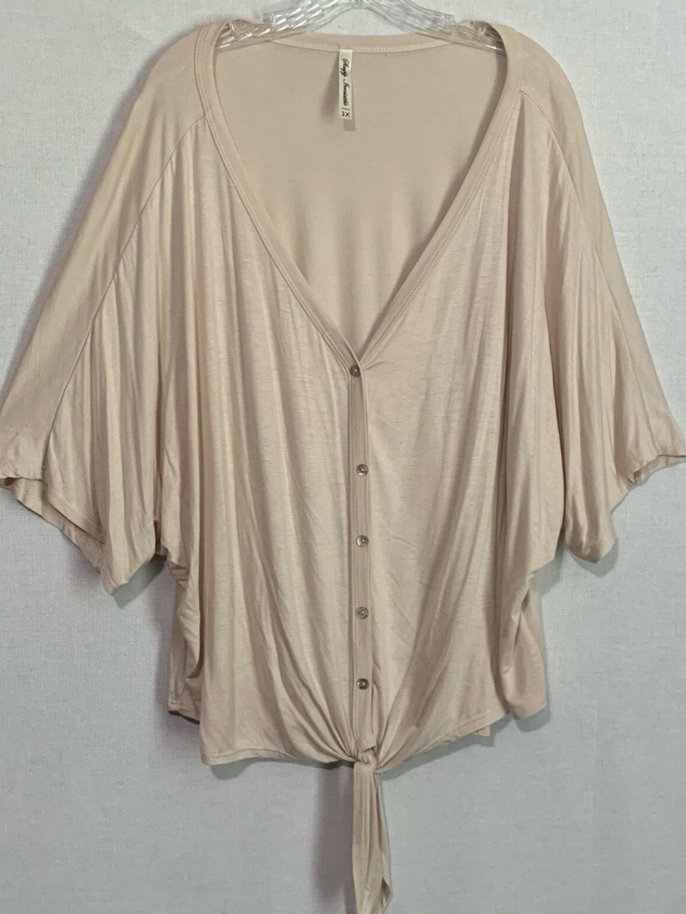Simply Irresistible 3X Beige V-neck Women's Button-Down Tie Flare Sleeve Blouse